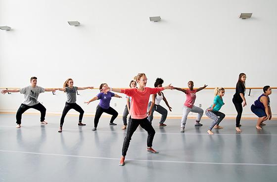 dance class in the studio. Students at the balance bar following an instructor's movements.